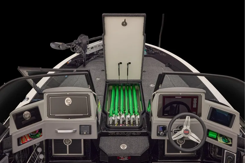 Slide: The Image of Manufacturer Provided Image: 2026 Ranger 620xFS Pro boat interior with advanced control panel and storage compartments. - 42