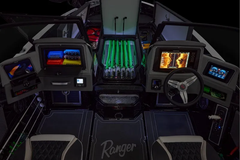 Slide: The Image of Manufacturer Provided Image: Interior of 2026 Ranger 620xFS Pro boat with advanced navigation and storage features. - 46