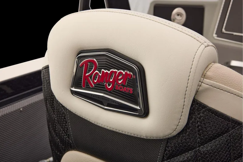 Slide: The Image of Manufacturer Provided Image: Ranger 620xFS Pro 2026 boat seat with logo detail, featuring premium upholstery. - 75