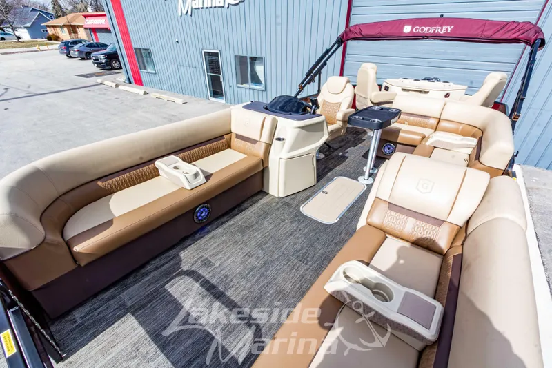 Slide: The Image of 2023 Godfrey Sweetwater 2286 FS pontoon boat with spacious seating and modern design. - 11