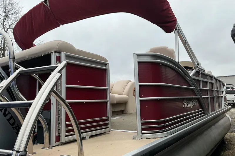 Slide: The Image of 2013 Godfrey Sanpan SP2200 BC3 pontoon boat with maroon panels and beige seating. - 4