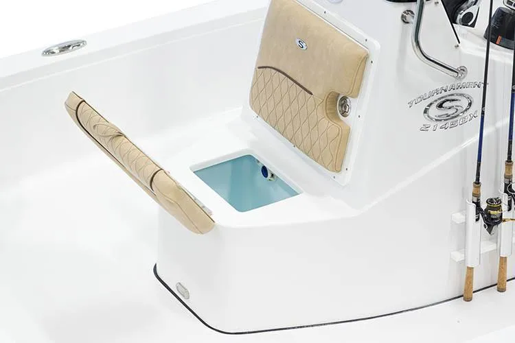 Slide: The Image of Manufacturer Provided Image: 2020 Sportsman Tournament 214 SBX Bay Boat interior with storage compartment and fishing rod holders. - 16
