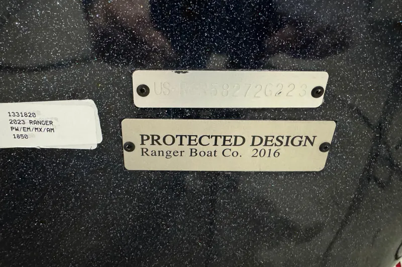 Slide: The Image of 2023 Ranger 1850MS boat identification plates with protected design label. - 5