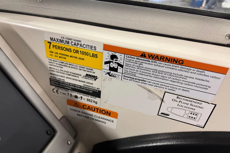 Slide: The Image of 2023 Ranger 1850MS capacity and safety warning labels, including carbon monoxide and propeller cautions. - 8