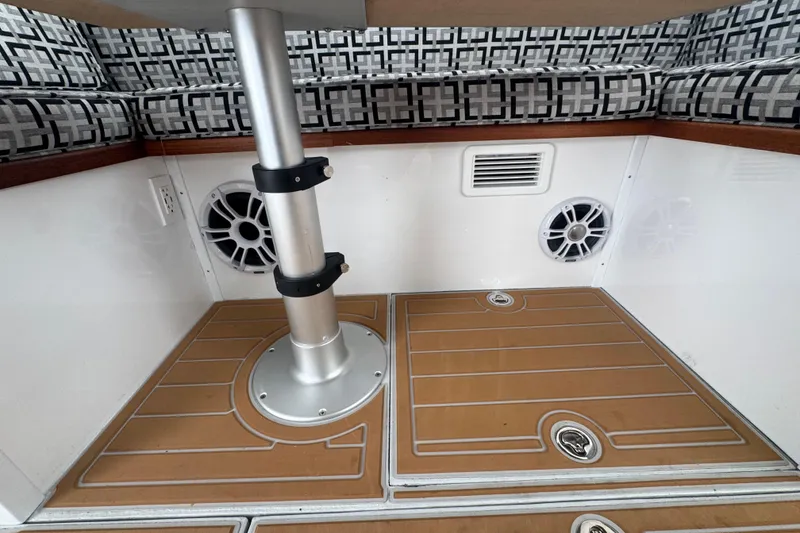 Slide: The Image of Interior of 2000 Northern Bay 38 boat with patterned seating and modern fixtures. - 15