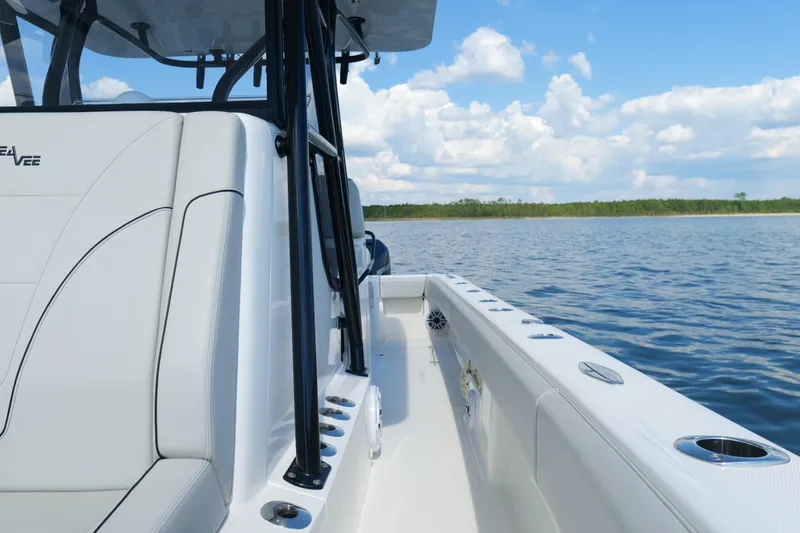 Slide: The Image of 2023 SeaVee 32 boat interior with ocean view and clear blue sky. - 27