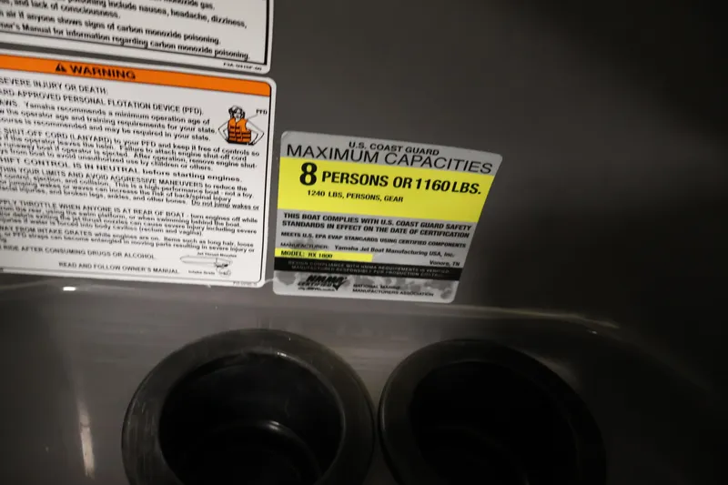 Slide: The Image of 2016 Yamaha Boats SX190 capacity label, maximum 8 persons or 1160 lbs, safety warnings included. - 17