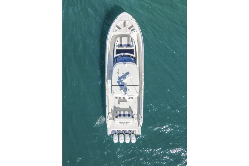 Slide: The Image of Aerial view of 2021 Ocean Alexander 45 Divergence Sport yacht on blue water. - 4