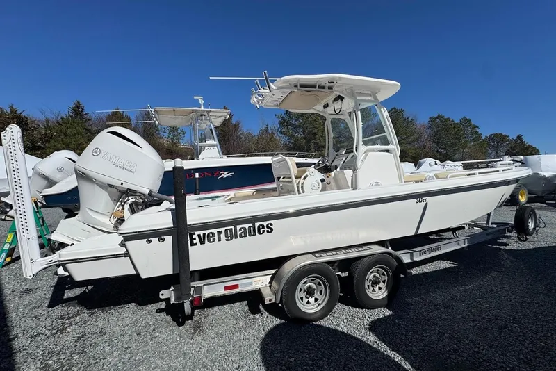 Slide: The Image of 2015 Everglades 243 Center Console boat on trailer with Yamaha outboard engine. - 6