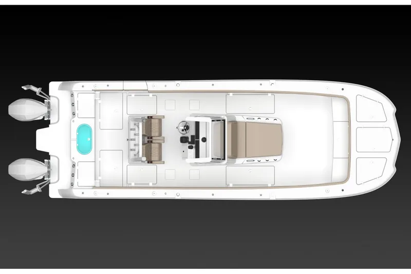 Slide: The Image of Manufacturer Provided Image: Top view of 2026 Caymas 29 CT boat layout with dual engines. - 9