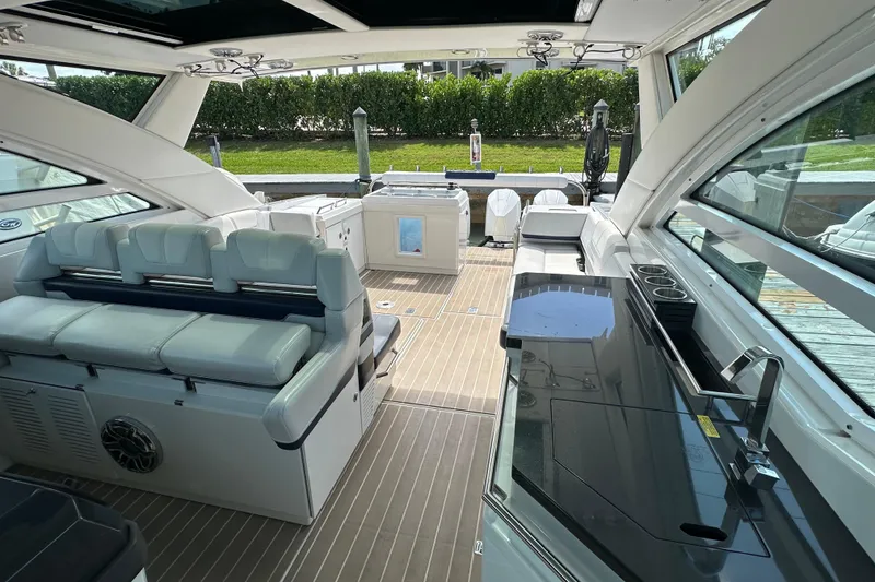 Slide: The Image of 2023 Formula 430 All Sport Crossover interior with luxurious seating and modern amenities. - 18