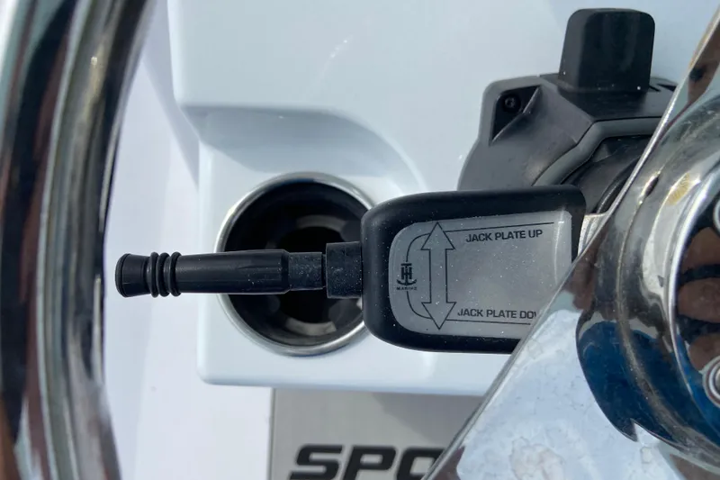 Slide: The Image of Close-up of 2026 Sportsman Masters 267 Bay Boat jack plate control. - 10