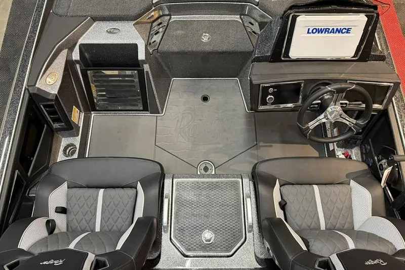 Slide: The Image of 2026 Ranger Z520R Cup-Equipped boat interior with Lowrance system and dual seats. - 7