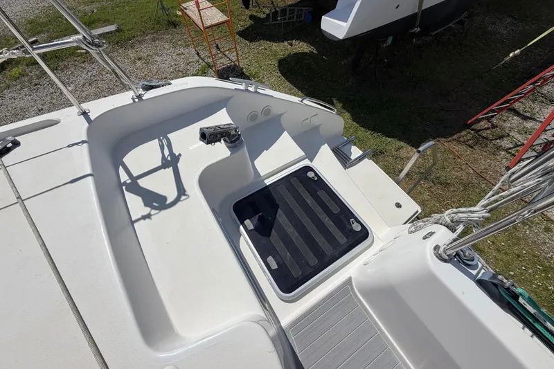 Slide: The Image of Outremer 45 sailboat deck, 2014 model, featuring a clean, spacious cockpit area. - 28
