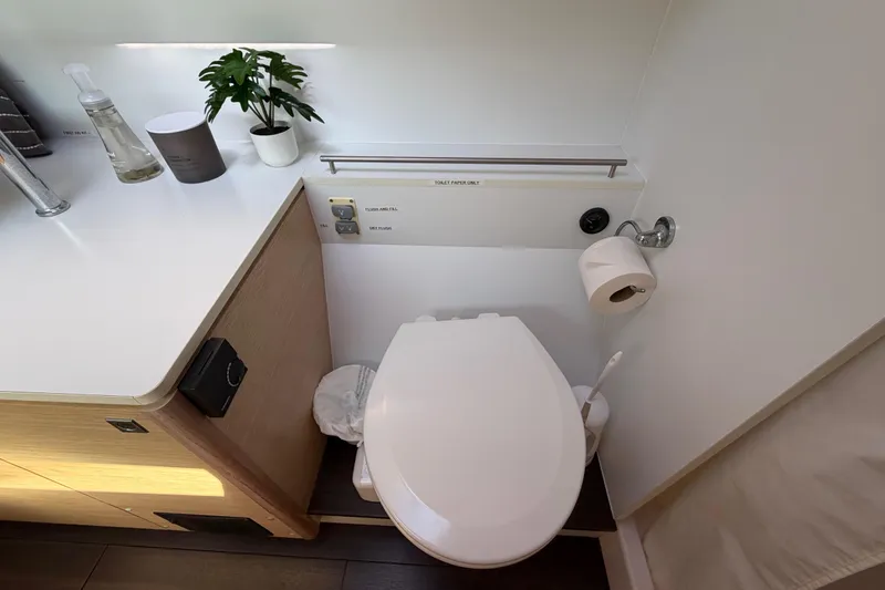 Slide: The Image of Bathroom interior of 2014 Outremer 45 yacht with modern fixtures and decor. - 49