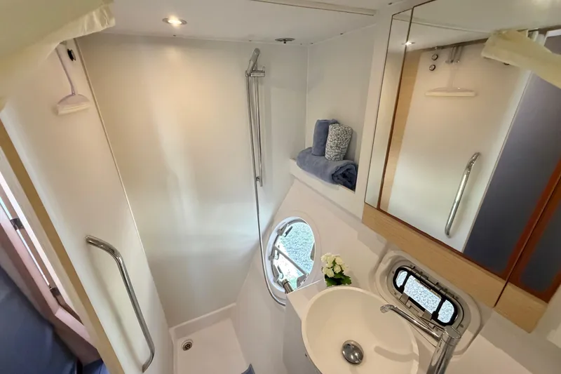 Slide: The Image of Bathroom interior of 2014 Outremer 45 yacht with shower and sink. - 59