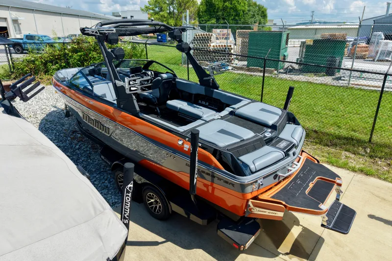 Slide: The Image of 2023 Malibu Wakesetter 23 LSV boat with sleek design and vibrant orange accents. - 25
