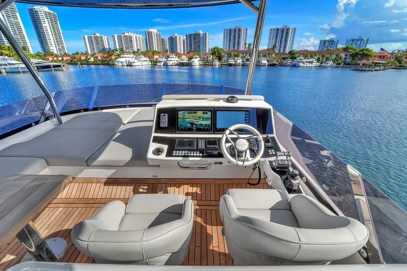 Slide: The Image of Luxurious Sunseeker Manhattan 68 yacht interior with waterfront cityscape, 2023 model. - 22