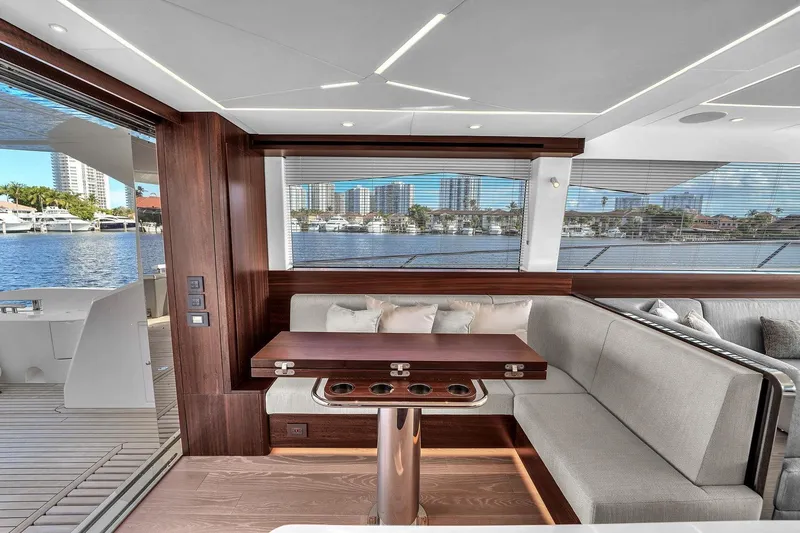 Slide: The Image of Luxurious interior of 2023 Sunseeker Manhattan 68 yacht with modern design and panoramic windows. - 46