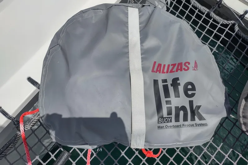 Slide: The Image of Lalizas Life Link buoy on Outremer 51 catamaran, 2020 model, for man overboard rescue. - 178