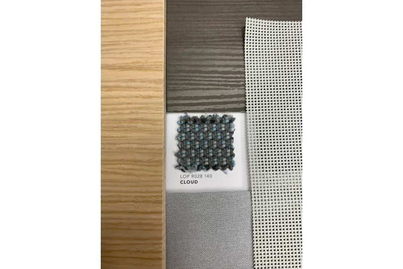 Slide: The Image of Material swatches for 2020 Outremer 51, featuring wood, fabric, and mesh textures. - 200