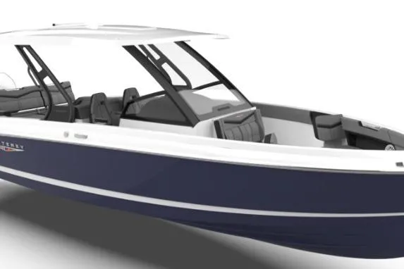 The Image of 2026 Monterey Elite 30 OB boat, sleek design, navy hull, spacious seating, modern features. - 0