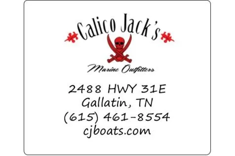 Slide: The Image of Calico Jack's Marine Outfitters contact card with address and phone number, featuring a skull and crossbones logo. - 11