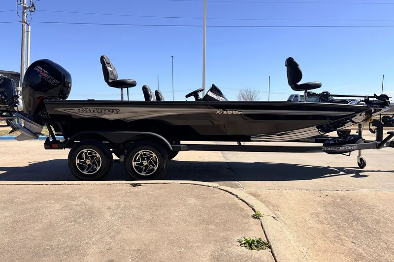 Slide: The Image of 2026 Ranger RT198P boat on trailer, black exterior, dual seats, parked outdoors. - 6