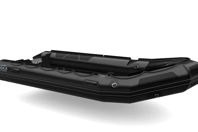 The Image of 2026 Zodiac AKA Marine F43-C inflatable boat, sleek black design, side view. - 0