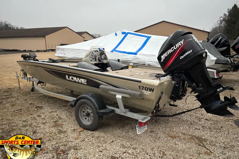 Slide: The Image of 2005 Lowe Stinger 170W boat with Mercury OptiMax engine on trailer. - 2
