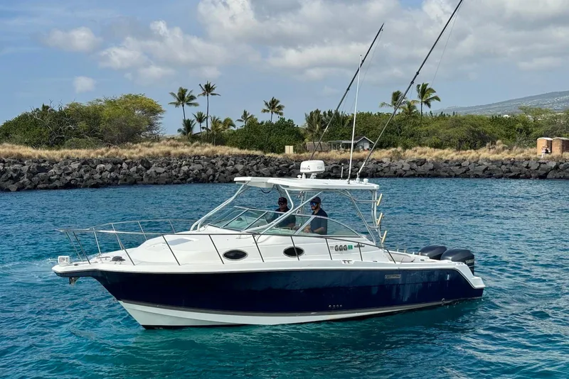 Slide: The Image of 2007 Wellcraft 290 Coastal boat on blue water near rocky shoreline and palm trees. - 3