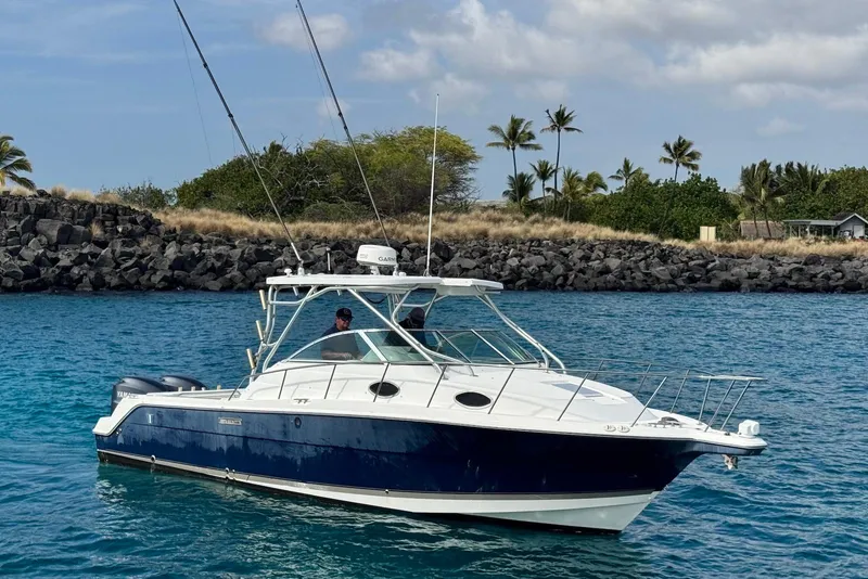 Slide: The Image of 2007 Wellcraft 290 Coastal boat on blue water near rocky shoreline and palm trees. - 8
