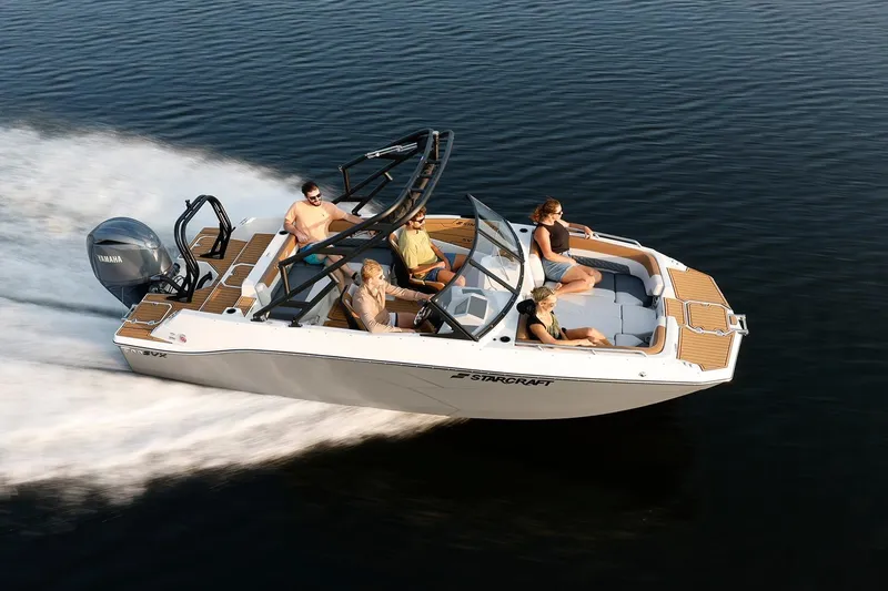 Slide: The Image of 2026 Starcraft SVX 210 DC OB boat interior with sleek design and ambient lighting. - 11