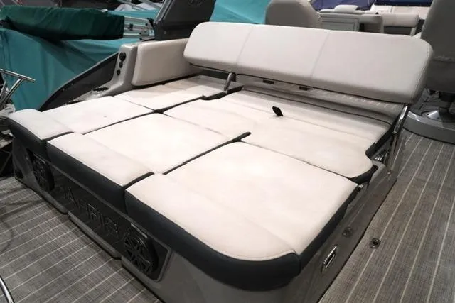Slide: The Image of 2023 Harris Grand Mariner 250 SLDH boat interior with spacious seating area. - 10