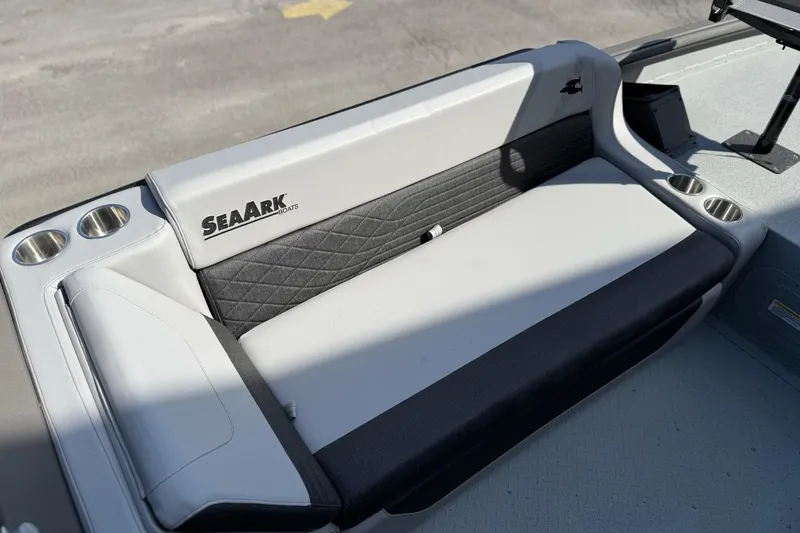 Slide: The Image of 2026 SeaArk EasyCat boat seat with cup holders, featuring sleek design and comfortable upholstery. - 14