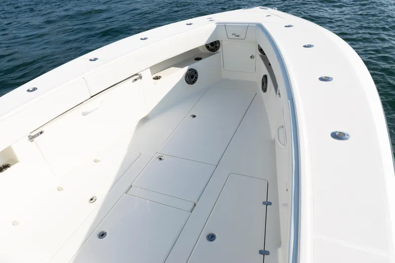 Slide: The Image of 2020 SeaVee 390Z boat interior with spacious deck and storage compartments. - 15