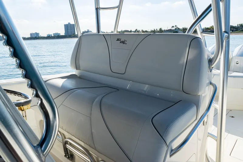 Slide: The Image of 2020 SeaVee 390Z boat interior with sleek seating and ocean view. - 52