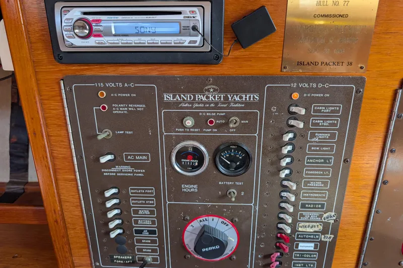 Slide: The Image of Control panel of a 1988 Island Packet 38 yacht with various switches and gauges. - 19