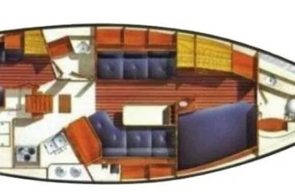 Slide: The Image of 1988 Island Packet 38 sailboat interior layout with kitchen, seating, and sleeping areas. - 57