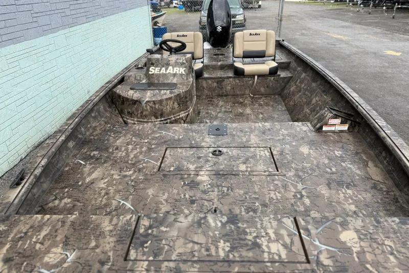 Slide: The Image of 2026 SeaArk Phantom 20XV boat with camouflage design and dual seating. - 5