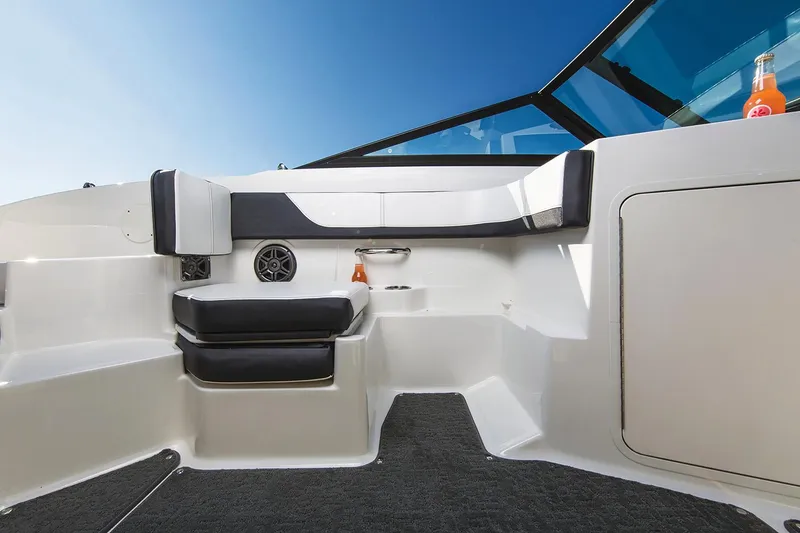 Slide: The Image of Manufacturer Provided Image: 2018 Sea Ray SPX 190 OB boat interior with black and white seating. - 4