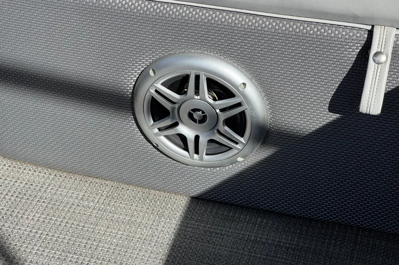 Slide: The Image of Speaker on 2023 Regency 250 DL3 boat, featuring textured gray upholstery. - 19