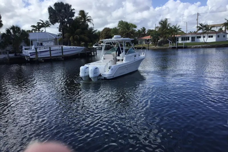 Slide: The Image of 2017 Robalo R305 Walkaround boat on a calm waterfront with palm trees. - 48