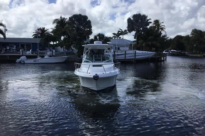 Slide: The Image of 2017 Robalo R305 Walkaround boat navigating a calm, palm-lined waterway. - 51