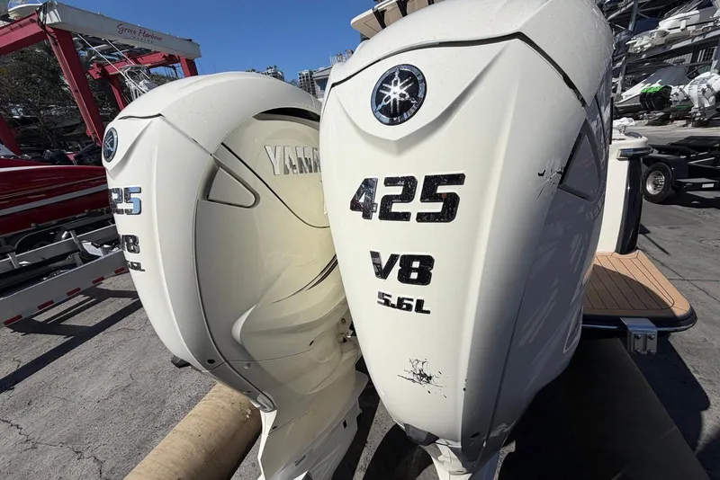 Slide: The Image of Twin Yamaha 425 V8 outboard engines on a 2021 Scout 330 LXF boat. - 16