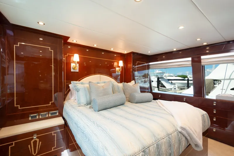 Slide: The Image of Luxurious bedroom interior on 2014 Hargrave Sky Lounge yacht with elegant wood paneling. - 14