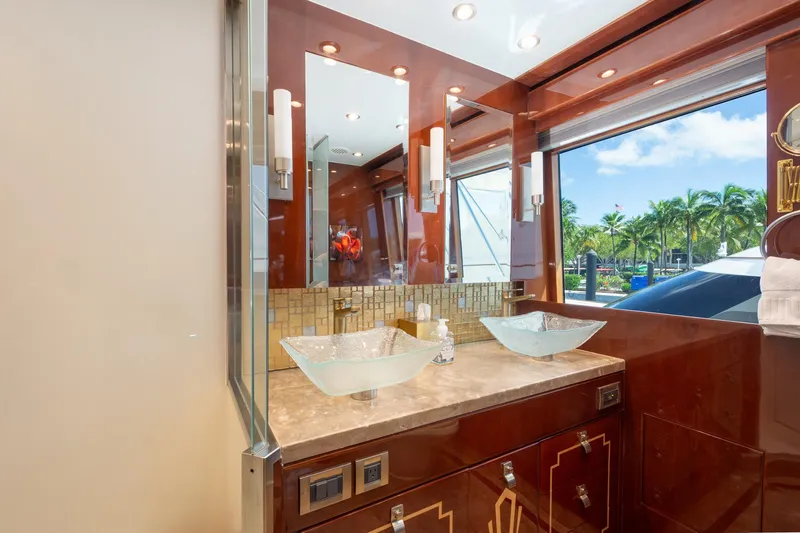 Slide: The Image of Luxurious bathroom on 2014 Hargrave Sky Lounge yacht with glass sinks and scenic window view. - 17