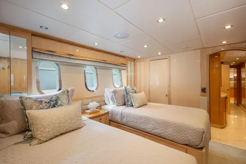 Slide: The Image of Luxurious 2014 Hargrave Sky Lounge yacht bedroom with twin beds and elegant decor. - 32