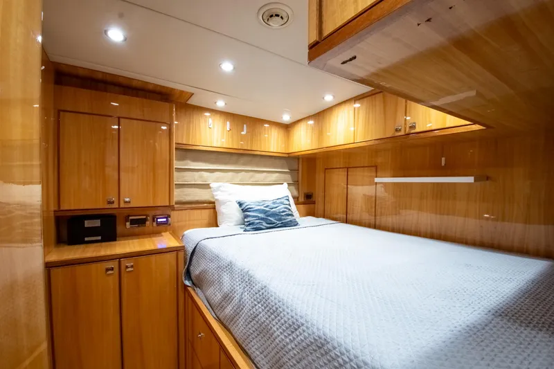 Slide: The Image of Luxurious cabin interior of 2014 Hargrave Sky Lounge yacht with wood paneling and cozy bed. - 37
