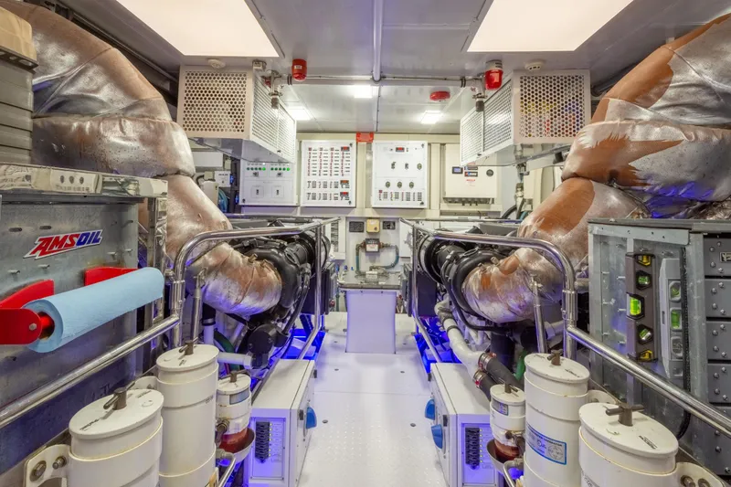 Slide: The Image of Engine room of 2014 Hargrave Sky Lounge yacht, featuring complex machinery and equipment. - 41